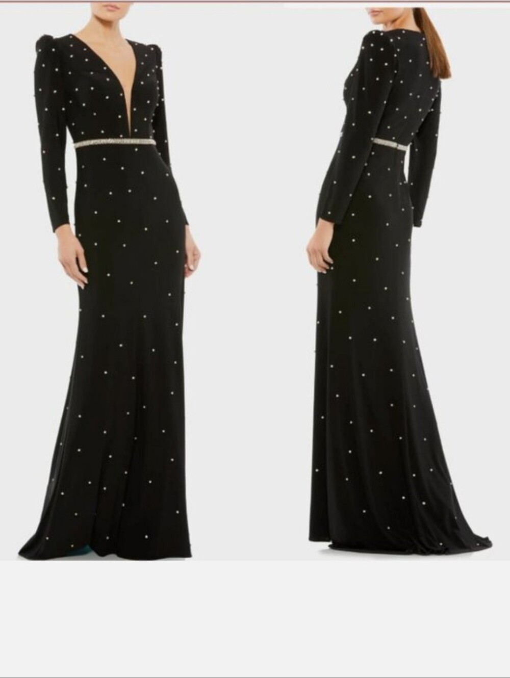 Mac Duggal Belted Jewel Crystal Encrusted Plunge Neck LongSleeve Gown Size 12